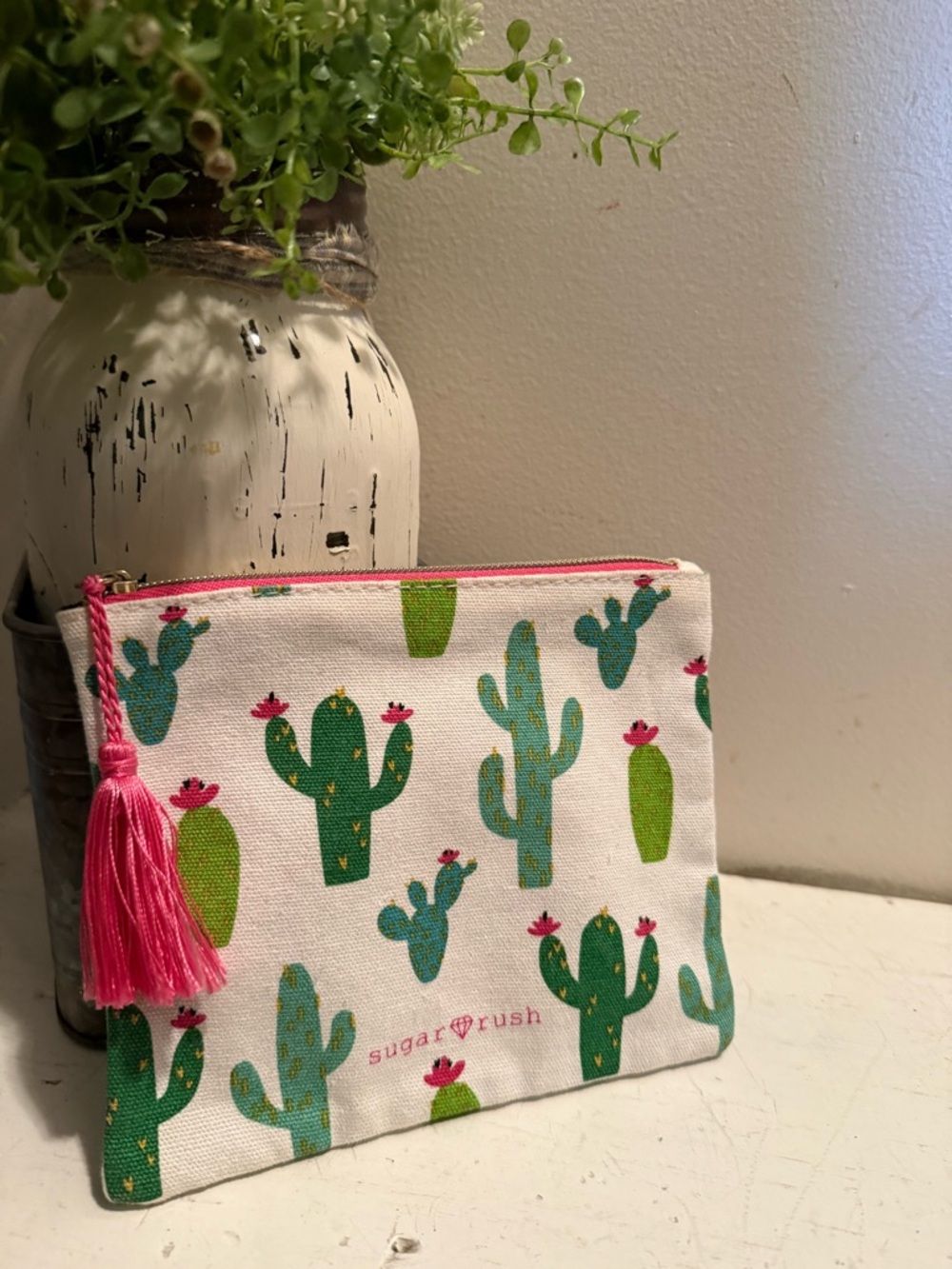 Sugar Rush Cactus Zip Pouch with Pink Tassel